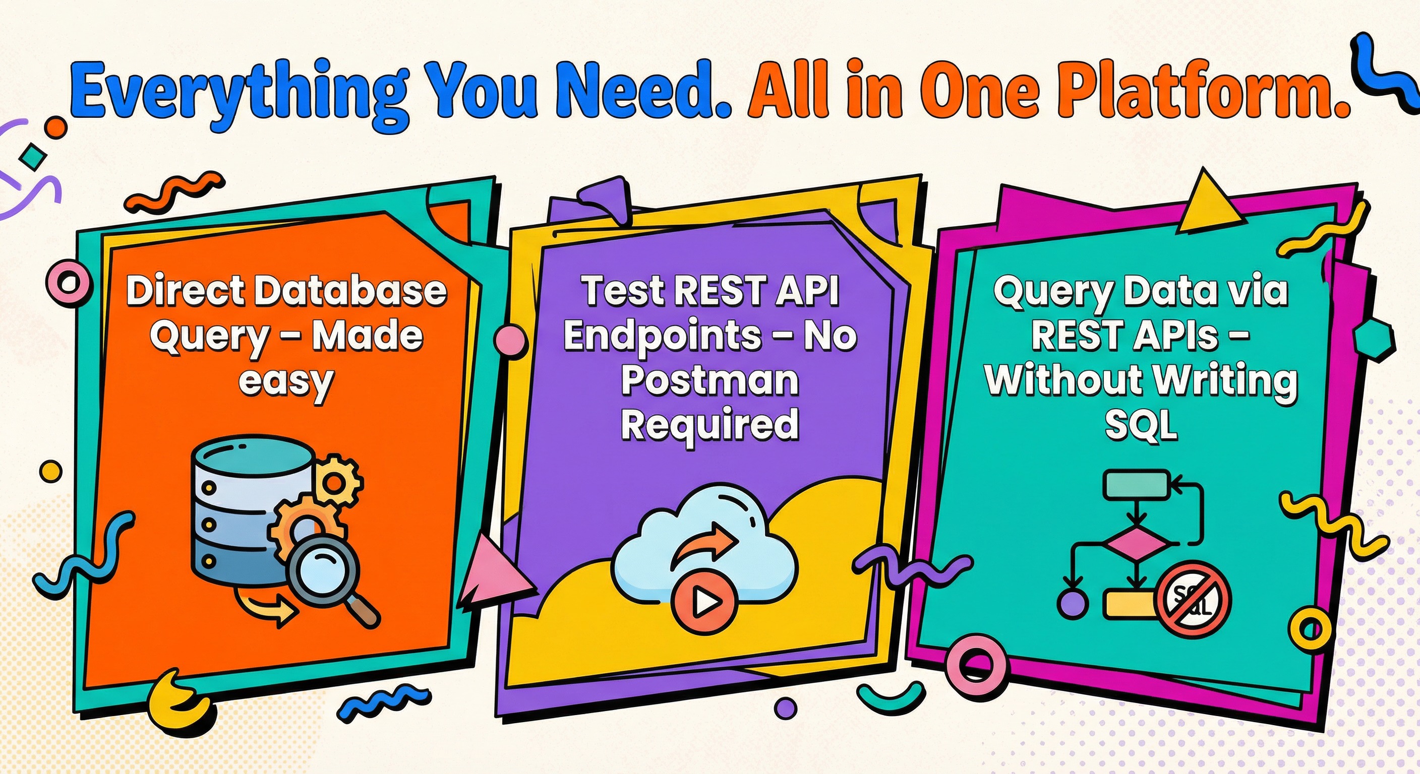Everything you need. All in one platform – Direct Database Query, Test REST APIs, Query via REST without SQL.